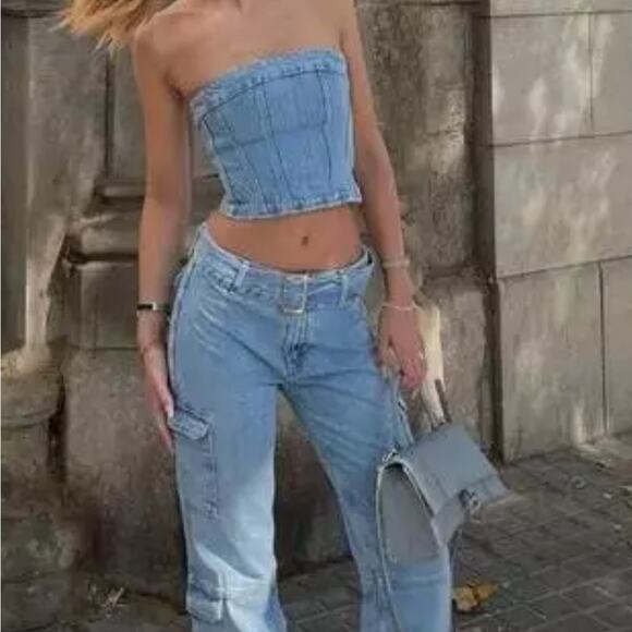 Zara Blue Denim Strapless NWOT Size Small - Picture 4 of 13